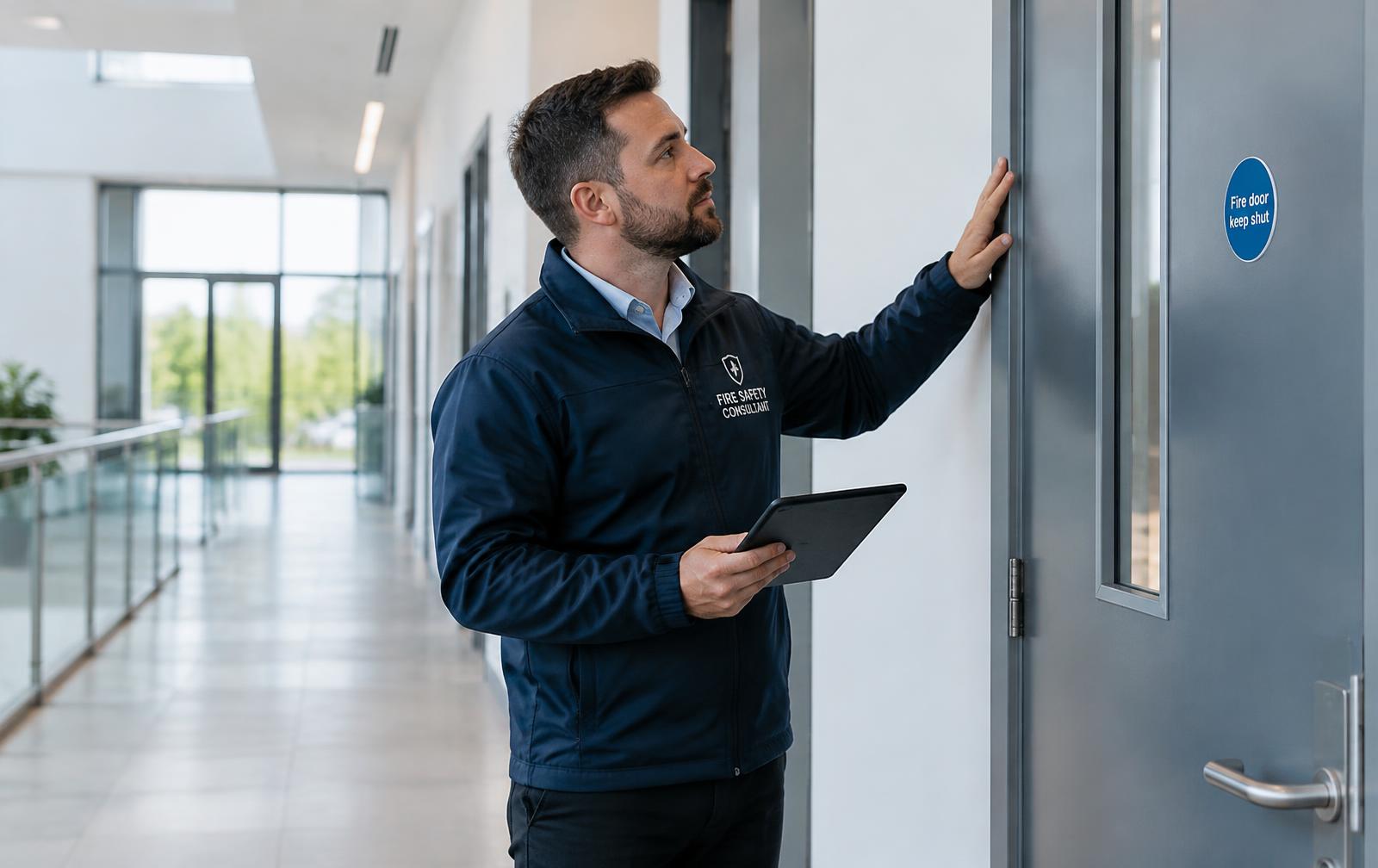 Fire safety consultant inspecting a fire door in a modern building